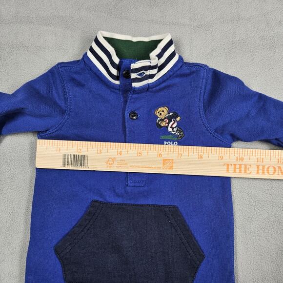 Ralph Lauren Boys 3 Months Blue Football Bear Rugby Polo One Piece Romper Snaps - Picture 8 of 10